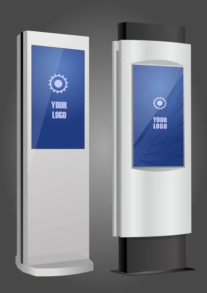 Dwa Promocyjne Interaktywny Kiosk Wyświetlania Reklam Terminali Stoisko Informacyjne Ekran — Wektor stockowy