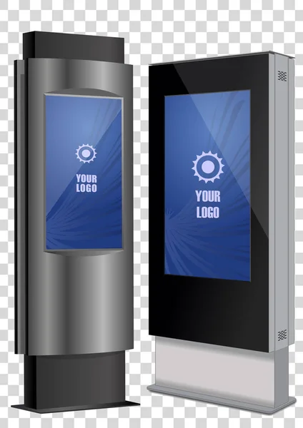 Zwei Interaktive Werbekioske Anzeigendisplay Terminalständer Touchscreen Display Vorlage Gefälscht — Stockvektor