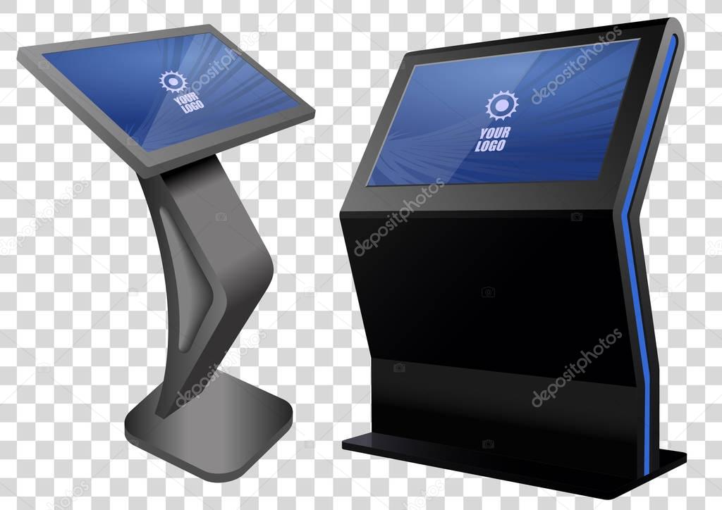 Two Promotional Interactive Information Kiosk, Advertising Display, Terminal Stand, Touch Screen Display. Mock Up Template.