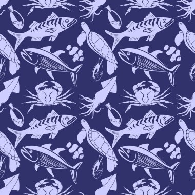 Deniz ürünleri vektör kalamar, balık, kaplumbağa ve yengeç ile seamless modeli