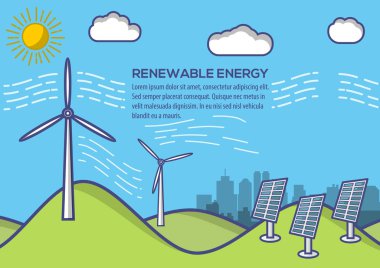 Yenilenebilir enerji. Yeşil enerji sanayi kavramı arka plan. Düz stil vektör çizim.