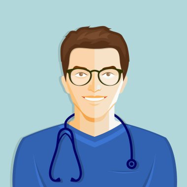 Genç erkek tıbbi doktor stetoskop ile. Düz stil. Vektör çizim