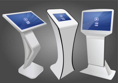Üç promosyon etkileşimli bilgileri Kiosk, reklam görüntüleme, Terminal Stand, dokunmatik ekran. Şablonu alay. 