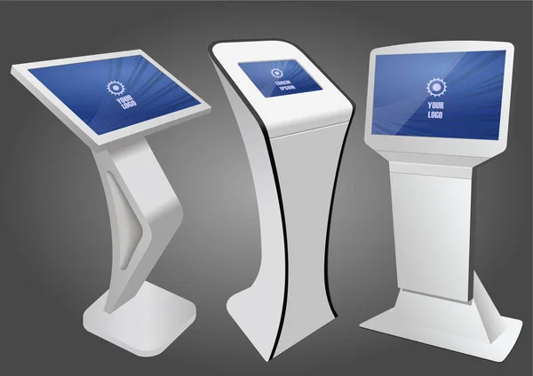 Drei Interaktive Werbekiosk Anzeigendisplay Terminal Stand Touchscreen Display Vorlage Gefälscht — Stockvektor