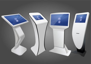 Dört promosyon etkileşimli bilgileri Kiosk, reklam görüntüleme, Terminal Stand, dokunmatik ekran. Şablonu alay.