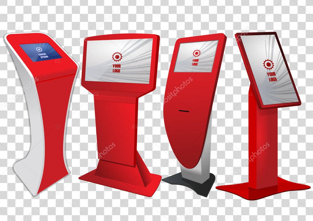 Set of red Promotional Interactive Information Kiosk, Advertising Display, Terminal Stand, Touch Screen Display isolated on transparent background. Mock Up Template