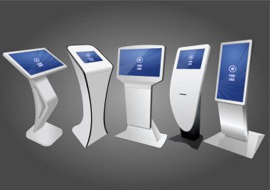 Beş promosyon etkileşimli bilgileri Kiosk, reklam görüntüleme, Terminal Stand, dokunmatik ekran. Şablonu alay.