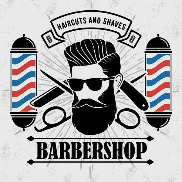 Barbershop Logo com barbeiro pólo e homens barbudos em óculos de sol — Vetor de Stock