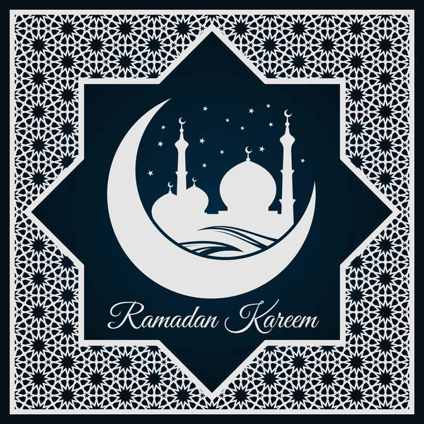 Ramadan Kareem greeting card or banner with Mosque silhouette on crescent moon and Arabic ornament, Islamic pattern — Stock Vector