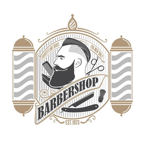 Αφίσα Barbershop, σχέδιο banner με γενειοφόρους άνδρες και στύλο κουρέα. Εικονογράφηση διανύσματος — Διανυσματικό Αρχείο