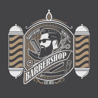 Berber dükkanı posteri, sakallı adamlar ve berber direğiyle birlikte afiş tasarımı. Vektör illüstrasyonu