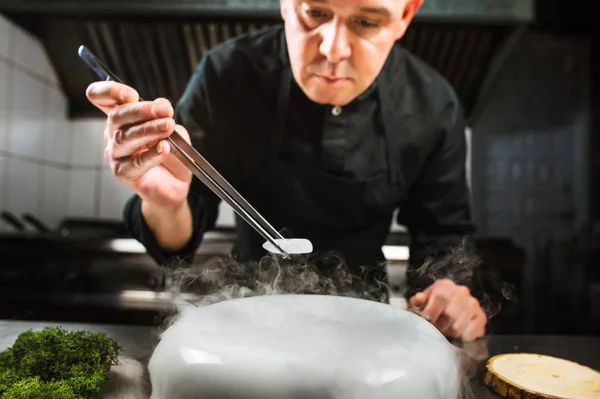 Шеф-повар концентрируется на приготовлении современных молекулярных блюд с клешнями и жидким азотом — стоковое фото