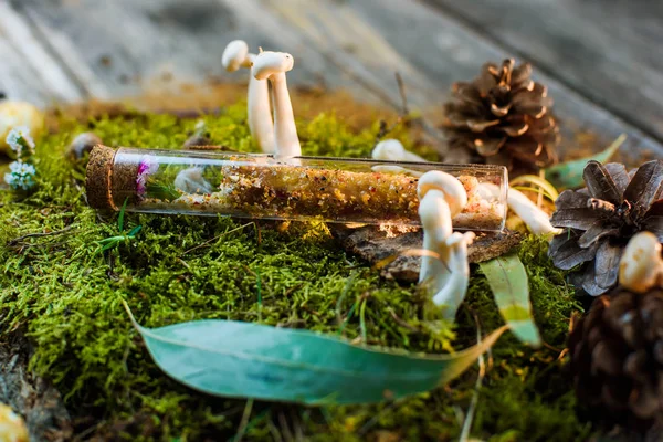 Close-up of molecular modern cuisine dish in a glass flask