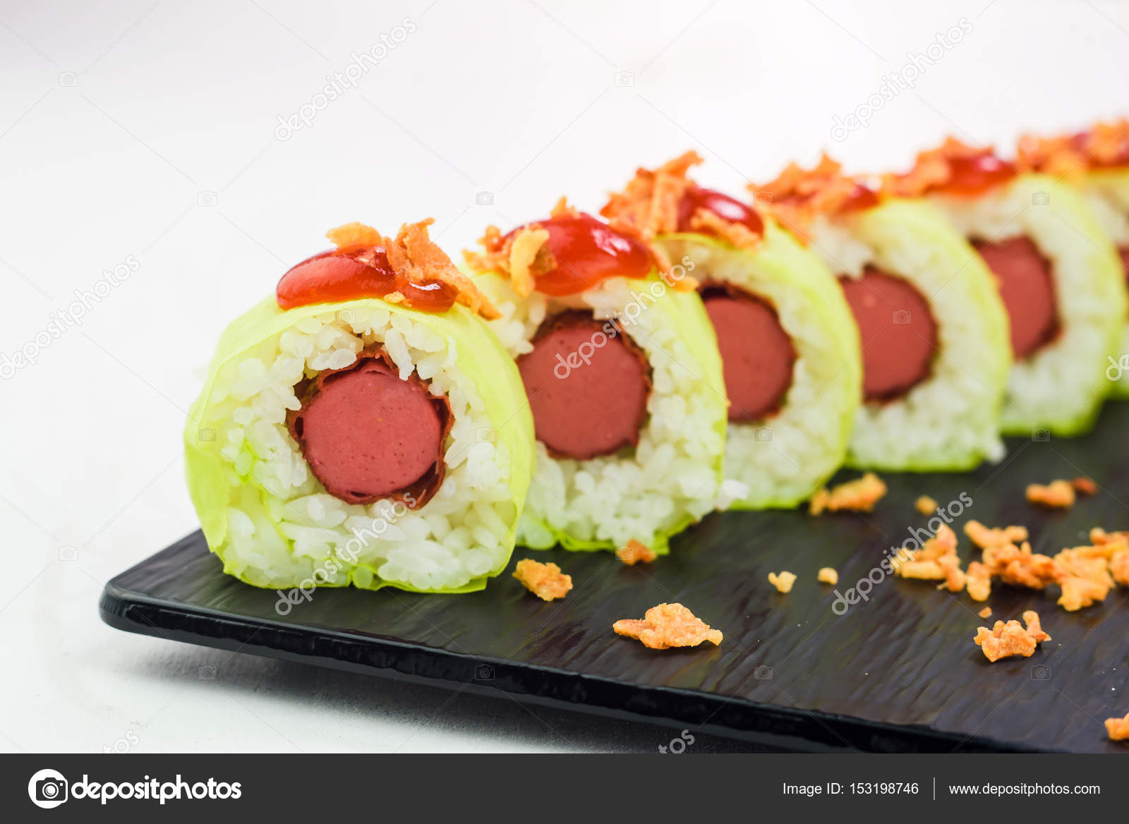  Sushi  rolls of sausage  covered with cabbage Homemade 