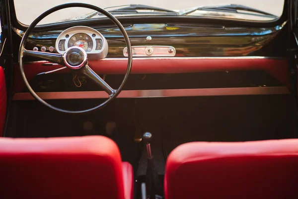 Close Steering Wheel Dashboard Vintage Car Red Leather Interior Classic Stock Photo