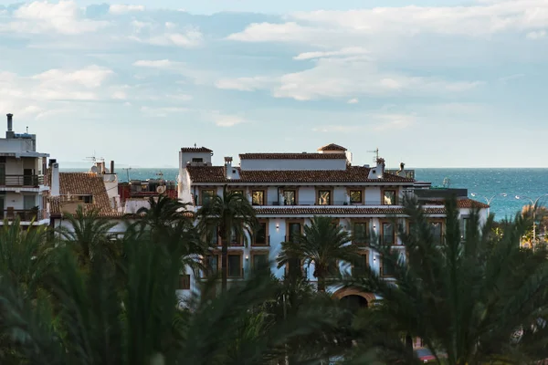 Palms épület pálmafák a Denia épület háttérben — Stock Fotó