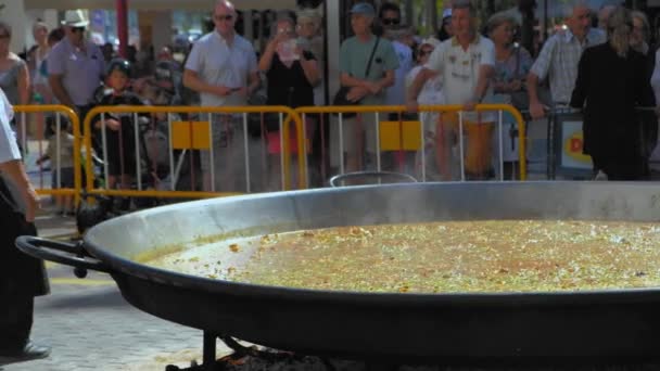 Denia Spain July 2019 Close Man Cooking Process Traditional Paella — Stock Video