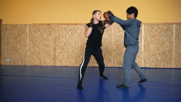 Dos tipos están entrenando artes marciales mixtas en la sala de artes de lucha — Vídeos de Stock