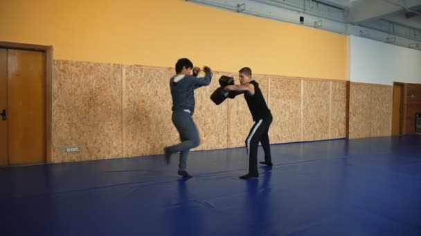 Dos tipos están entrenando artes marciales mixtas en la sala de artes de lucha — Vídeos de Stock