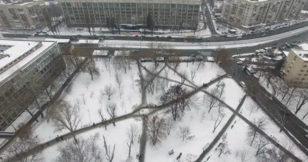 Parque en invierno y por personas y plaza con senderos en la nieve — Vídeos de Stock