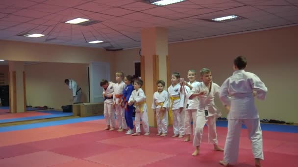 Kijów, Ukraina - 6 lutego 2017: Stoisko dzieci w wierszu przed rozpoczęciem szkolenia Taekwondo — Wideo stockowe
