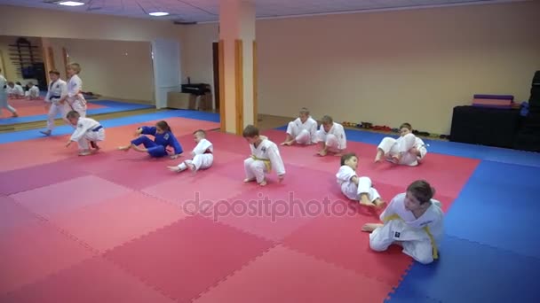 Kiev, Oekraïne - 6 februari 2017: Kids strijders in kimono doen fysieke oefeningen op een opleiding taekwondo — Stockvideo