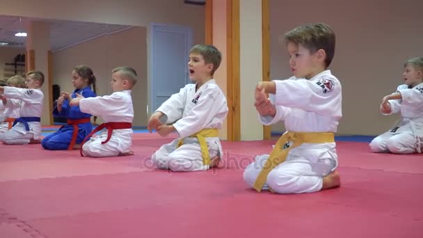 КИЕВ, УКРАИНА - 6 февраля 2017 года: Дети-спортсмены в кимоно сидят на коленях подряд и делают движения руками — стоковое видео