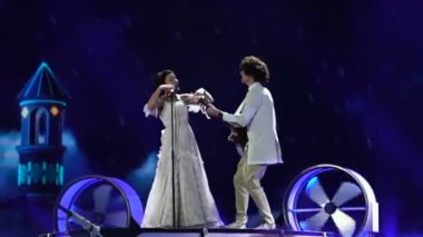 Kiev, Ukrayna - 12 Mayıs 2017: Naviband katılımcı Beyaz Rusya üzerinde Eurovision Şarkı Yarışması