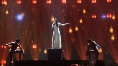 Kiev, Ukrayna - 12 Mayıs 2017: Yunanistan Eurovision Şarkı Yarışması katılımcı Oxfordlu burslu öğrenci Uluslararası Fuar Merkezi