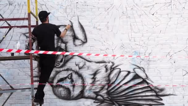 Artista dipinge una street art uccello sul muro con pistola a spruzzo — Video Stock