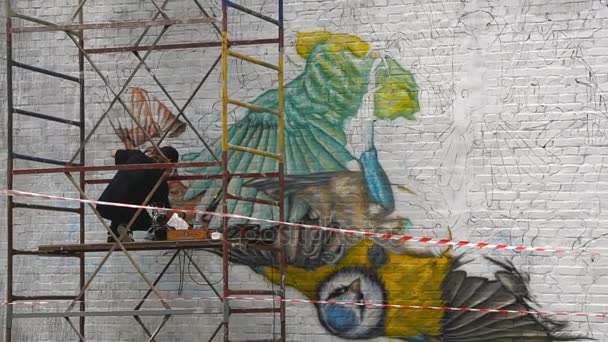 Kunstenaar verf op de muur met behulp van de sproeier — Stockvideo