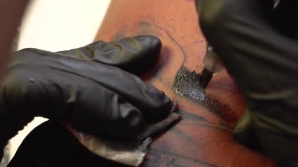 Použití inkoustu na kůži s tattoo stroj tetování — Stock video