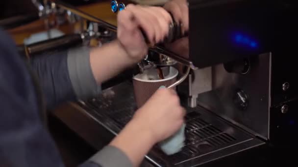 Girl professional barista makes coffee with a coffee machine in the cafe — Stock Video