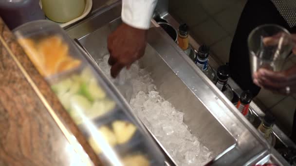 酒保正在用杯子从金属冰箱里收集冰块 — 图库视频影像