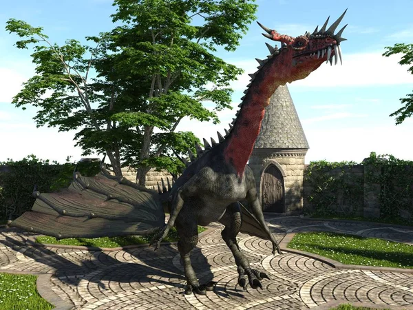 Fantasy Dragon and Medieval Tower 3D Illustration