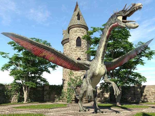 Fantasy Dragon and Medieval Tower 3D Illustration