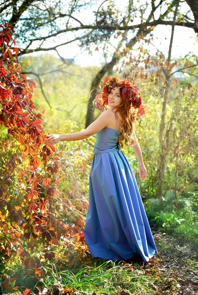 Menina Feliz Uma Grinalda Folhas Outono Vestido Azul Perto Dos — Fotografia de Stock