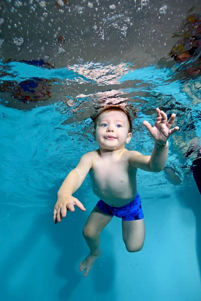 Baby Swims Underwater Pool Eyes Open Portrait Vertical Orientation — Stock Photo, Image