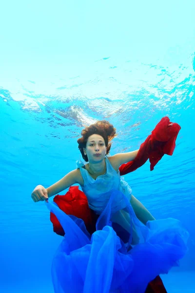 Girl Red Blue Cloth Her Hands Floats Underwater Her Arms — Stock Photo, Image