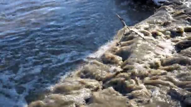 Sebuah aliran badai air kotor mengalir ke sungai musim semi. Tutup. 4K, 25 fps — Stok Video
