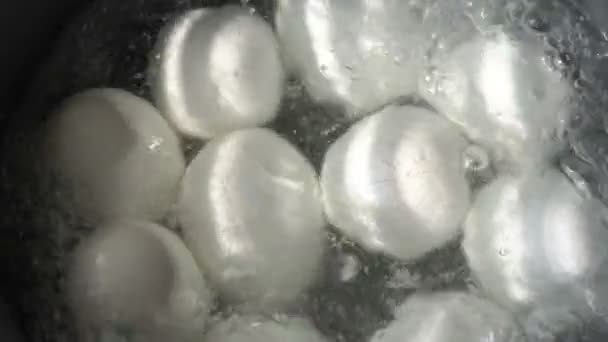 White eggs are boiled in boiling water in a metal pan. One egg cracked. Water boils and bubbles. — Stock Video