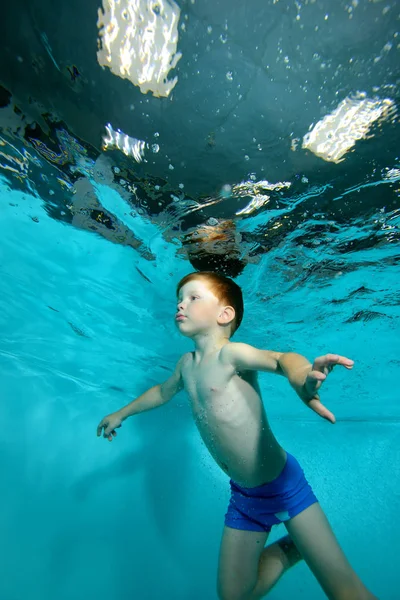 Little Boy Floats Water Bottom Pool Surface Water Arms Outstretched — Stock Photo, Image