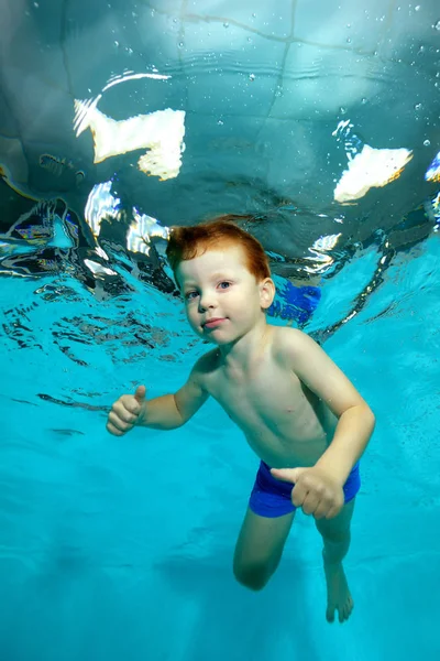 Little Boy Posing Underwater Pool Blue Background Looking Camera Portrait — Stock Photo, Image
