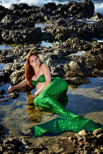 緑人魚姫の衣装で夕暮れ時の美しい十代の少女は岩の間のビーチに位置し カメラで見えます 肖像画 垂直方向 — ストック写真