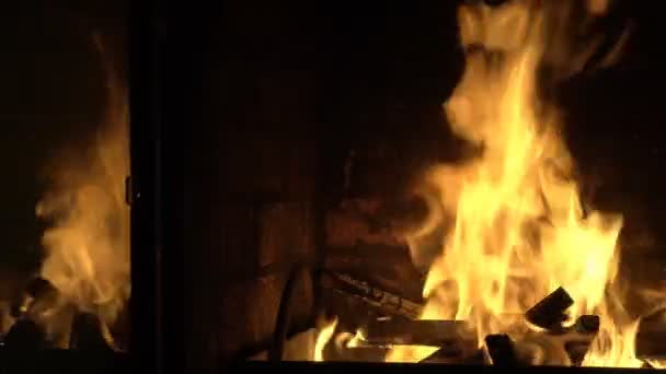 Un beau feu dans la cheminée se reflète dans la porte vitrée. Symbole. Concept. Gros plan. 4k . — Video