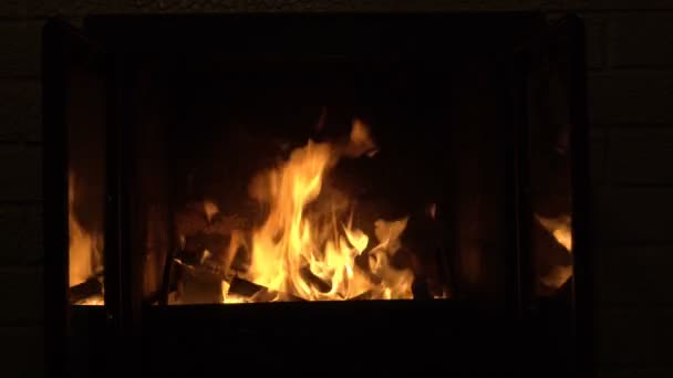 Un feu brûle dans le noir dans la cheminée. Les flammes orange vif se reflètent magnifiquement dans les portes vitrées de la cheminée. Concept. Gros plan. Triptyque. 4K . — Video