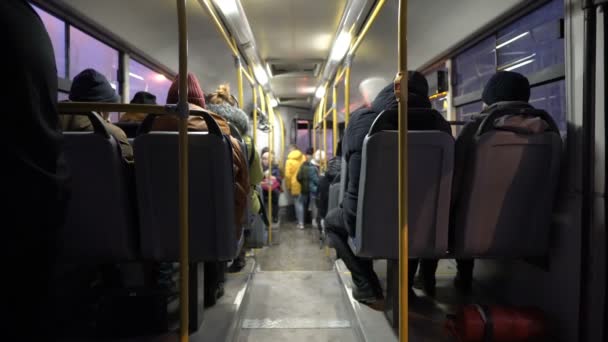 Pohled do prostoru pro cestující autobusu. Autobus s lidmi jezdí nočním městem. Světla blikají za okny. Pohled ze zadní části autobusu. Rozmazané pozadí. 4k. — Stock video