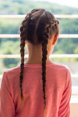 Girl with Dutch plaits looking out of window from behind clipart
