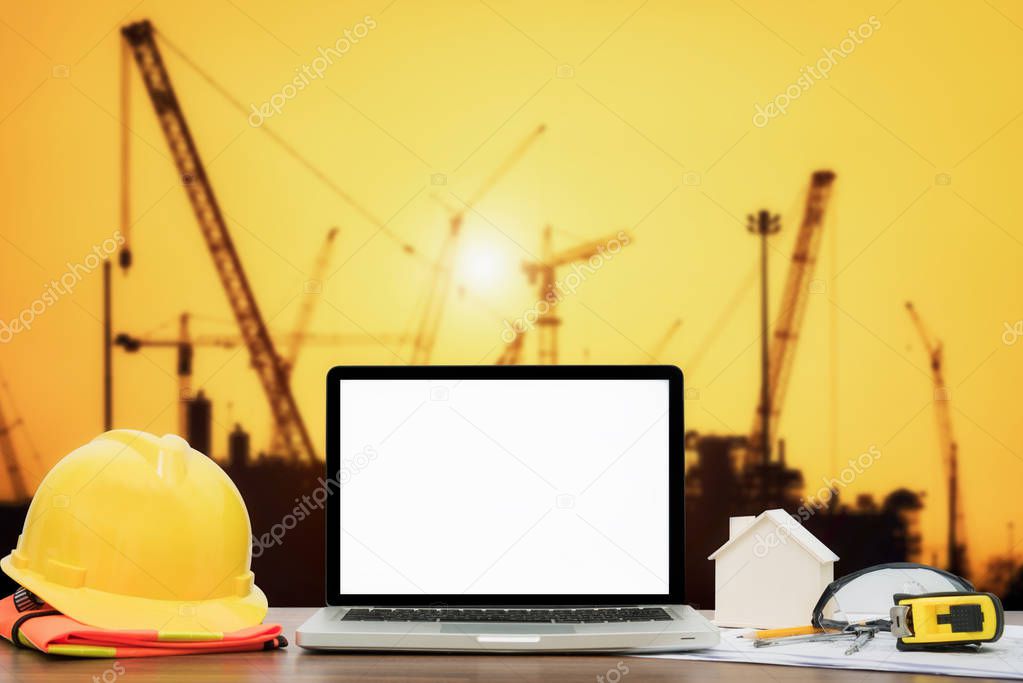 Close up of laptop on workplace for construction worker 
