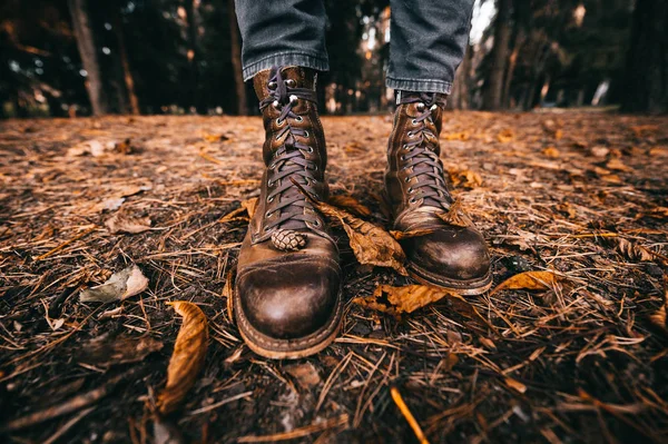 Pernas de homem em botas de couro vintage cortador de madeira e jeans cortados de pé na floresta de outono no chão. Cores de queda e conceito de humor. Sapatos confortáveis. Caminhando no fim de semana na natureza. Distorção da lente. — Fotografia de Stock